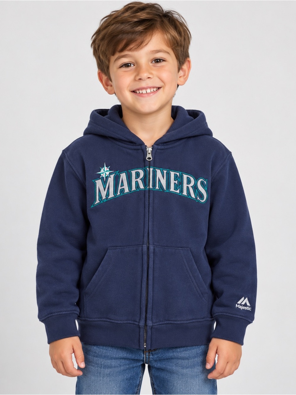 Majestic Seattle Mariners Hoodie Boys Size 7 Navy Full Zip Sweatshirt